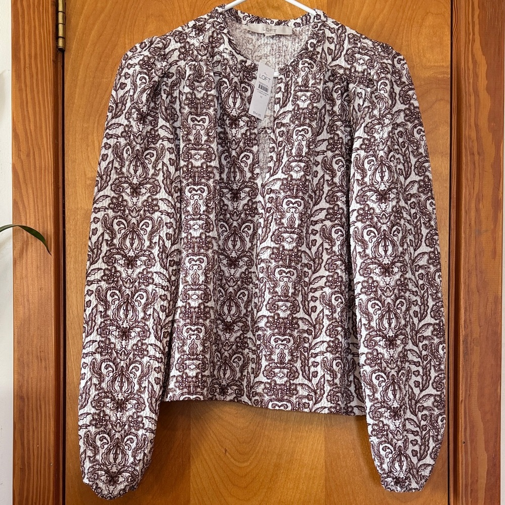 LOFT NWT White and Brown Printed Long-Sleeve Blouse